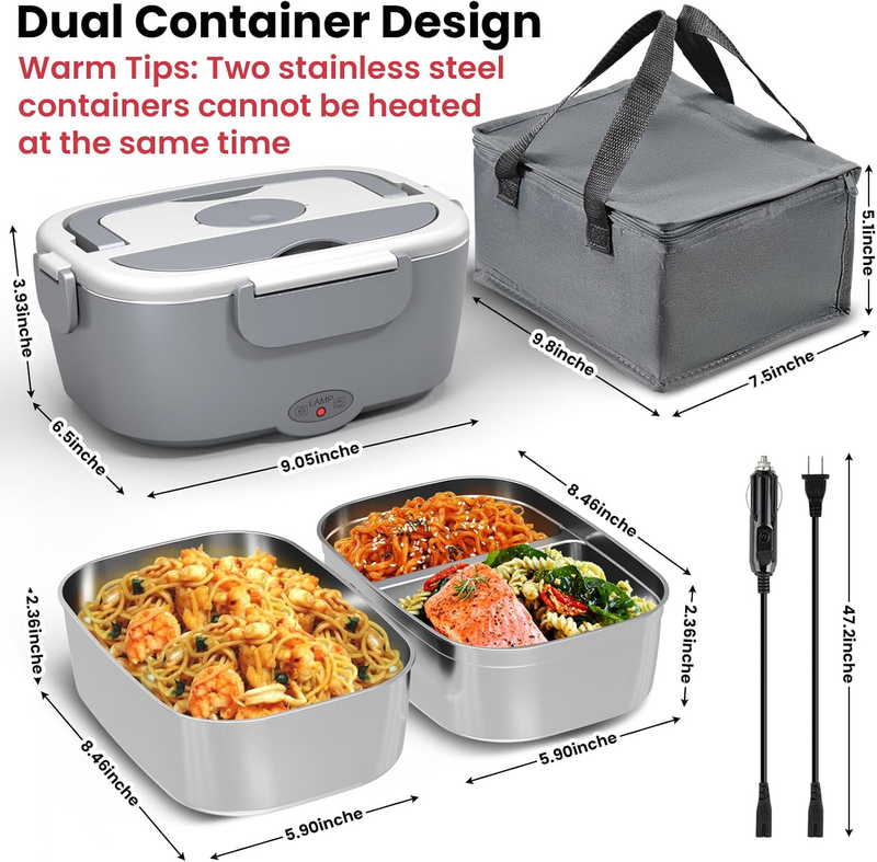 Electric Lunch Box Food Warmer 12V/24V/110V 2x53oz Stainless Steel Portable Set7