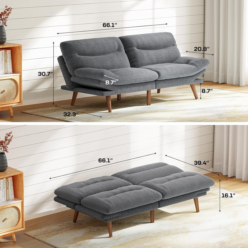 66in Futon Sofa Bed Convertible Corduroy Sleeper Loveseat Adjustable Light Gray1