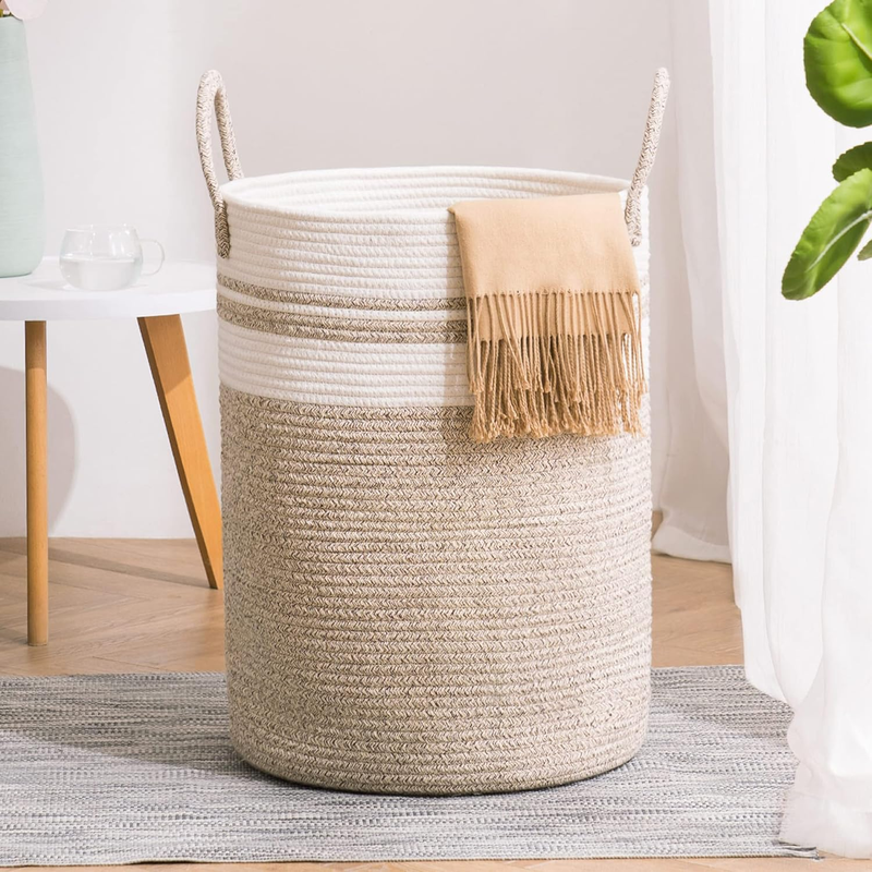 58L Woven Rope Laundry Hamper Basket, Tall Clothes Bin for Bedroom Brown8