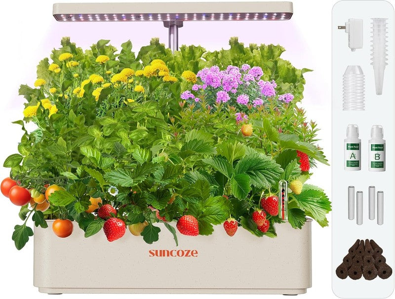 12 Pod Hydroponics System 24W LED Grow Light Indoor Herb Garden Kit Beige8