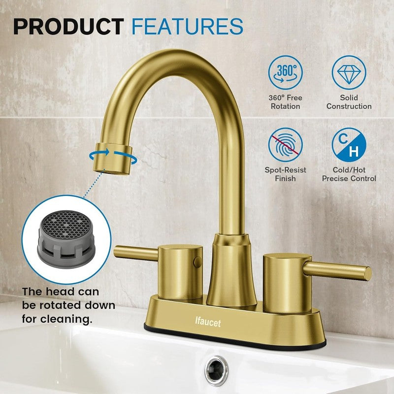 Brushed Gold Bathroom Faucet 4" Centerset 2 Handle w/ Copper Drain2