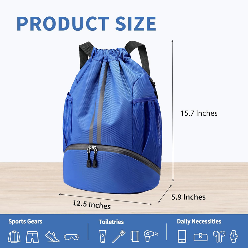 Drawstring Backpack Gym Bag w/ Shoe Compartment Water Resistant Blue Medium1