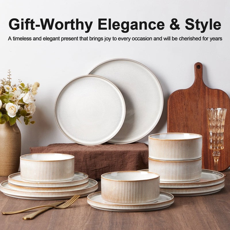 Dinnerware Set for 4, 12 Piece Premium Stoneware Ribbed Dishes with Reactive Gla3