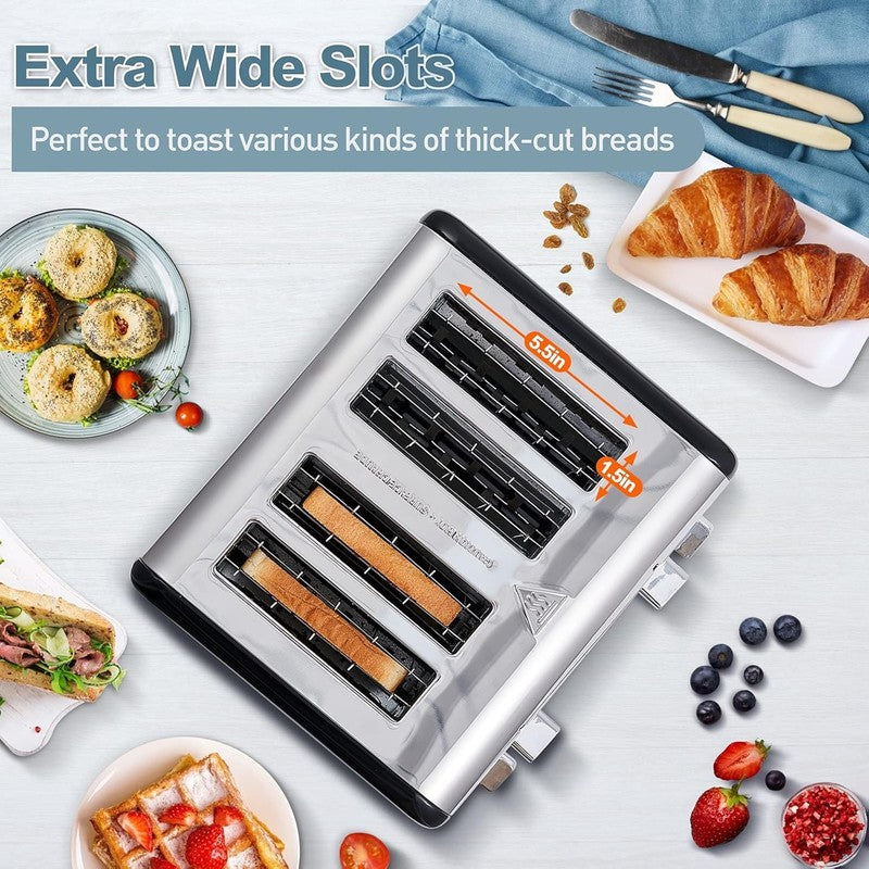 4 Slice Black Stainless Steel Toaster LED Wide Slots Bagel Defrost Cancel2
