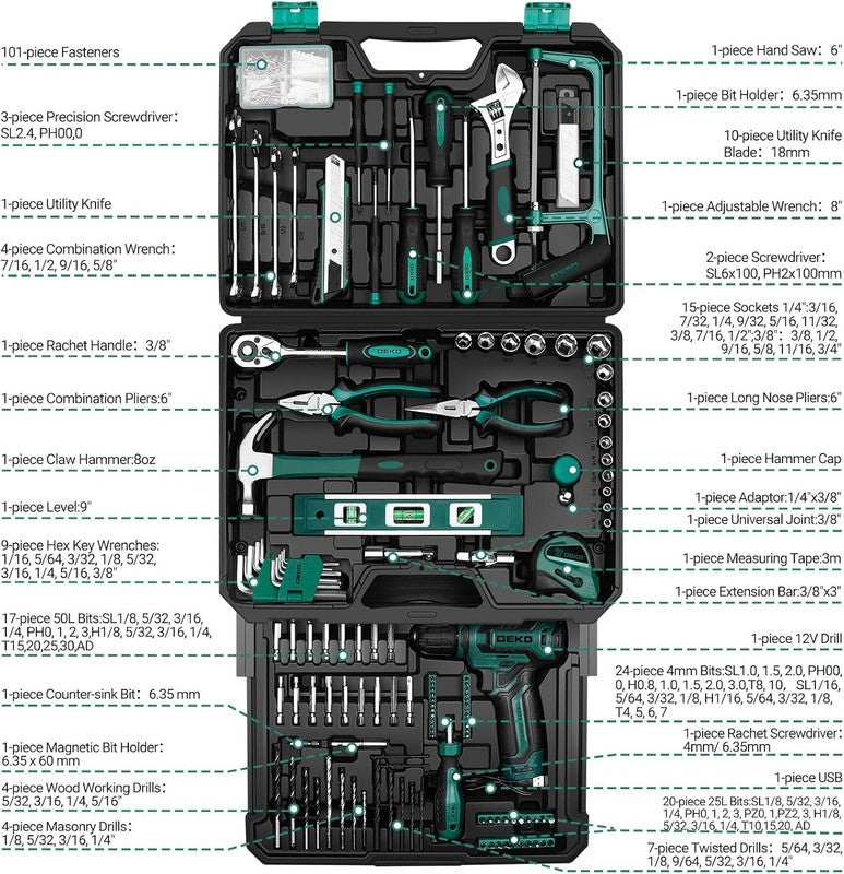 12V Cordless Drill Tool Kit Green Home Repair Hand Toolbox Mechanic Set2
