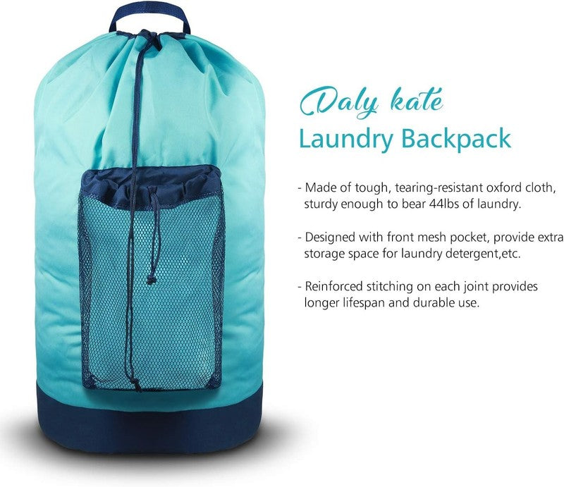 Backpack Laundry Bag with Straps & Mesh Pocket, Durable Nylon Clothes Blue4