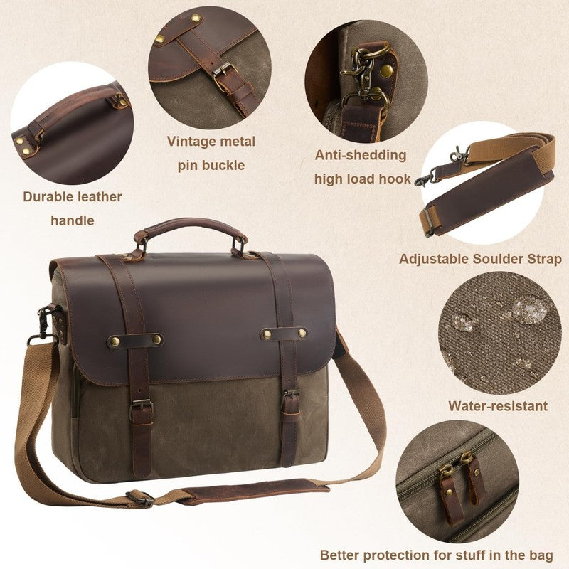 Mens Waxed Canvas Messenger Bag 16 Laptop Briefcase Leather Waterproof Satchel3