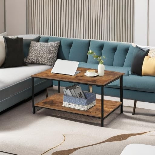 Small Brown Wood & Metal Coffee Table with Storage Shelf for Living Room5