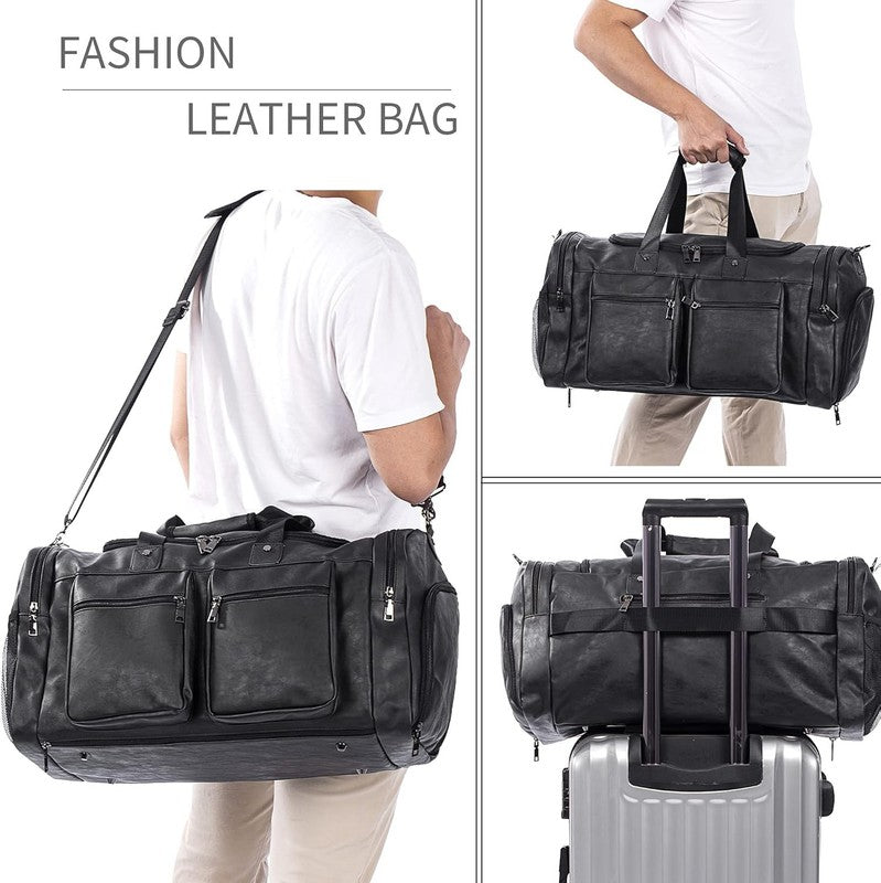 Travel Bag with Shoe Pouch,Weekender Overnight Bag Leather Large Carry on Bag5