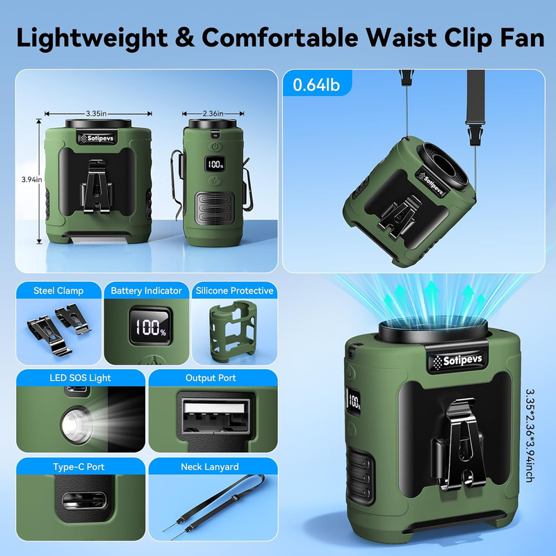 Portable Belt Fan 12000mAh Rechargeable Neck Fan 30H Runtime Green6