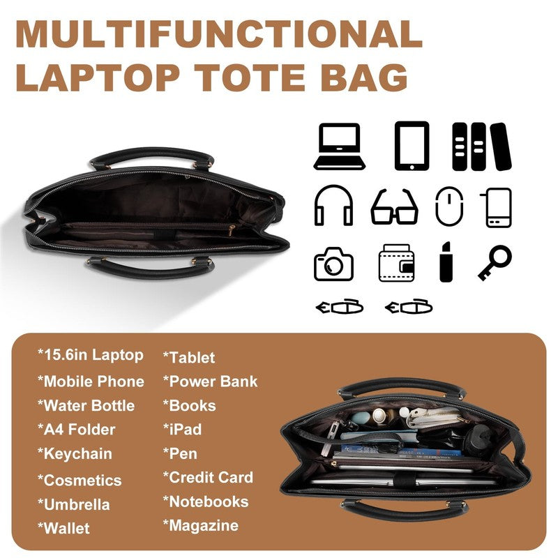 15.6 Inch Leather Laptop Tote Bag Waterproof Work Office Briefcase Black2