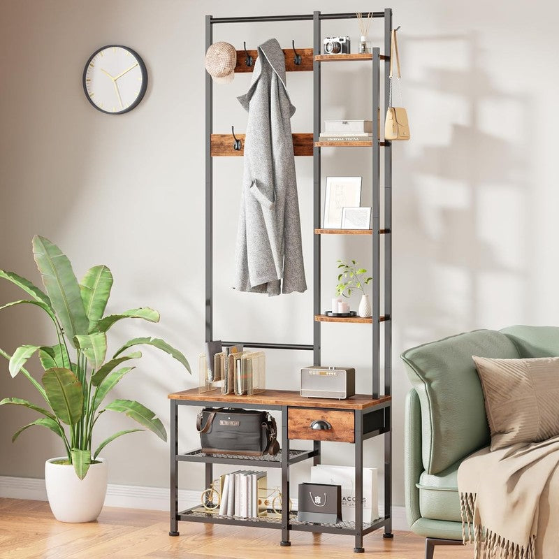 Hall Tree Entryway Bench with Coat Rack & Shoe Storage 4-in-1 Rustic Brown7