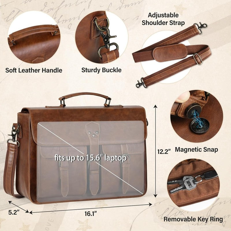 Messenger Bag Men 15.6 Inch Leather Vintage Laptop Waterproof Satchel Brown4