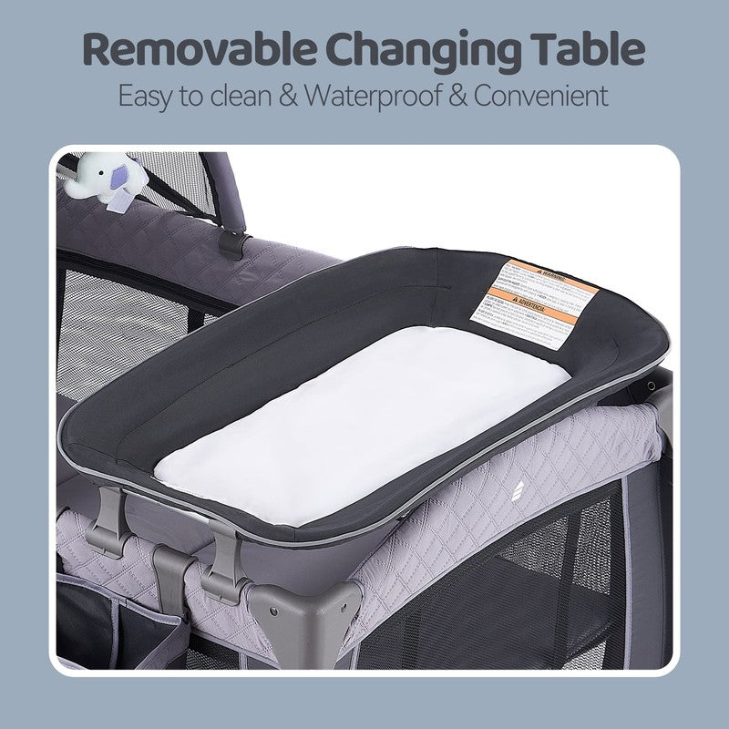 Unisex Portable Baby Play Yard Grey w/ Wheels Canopy Changing Table Newborn2