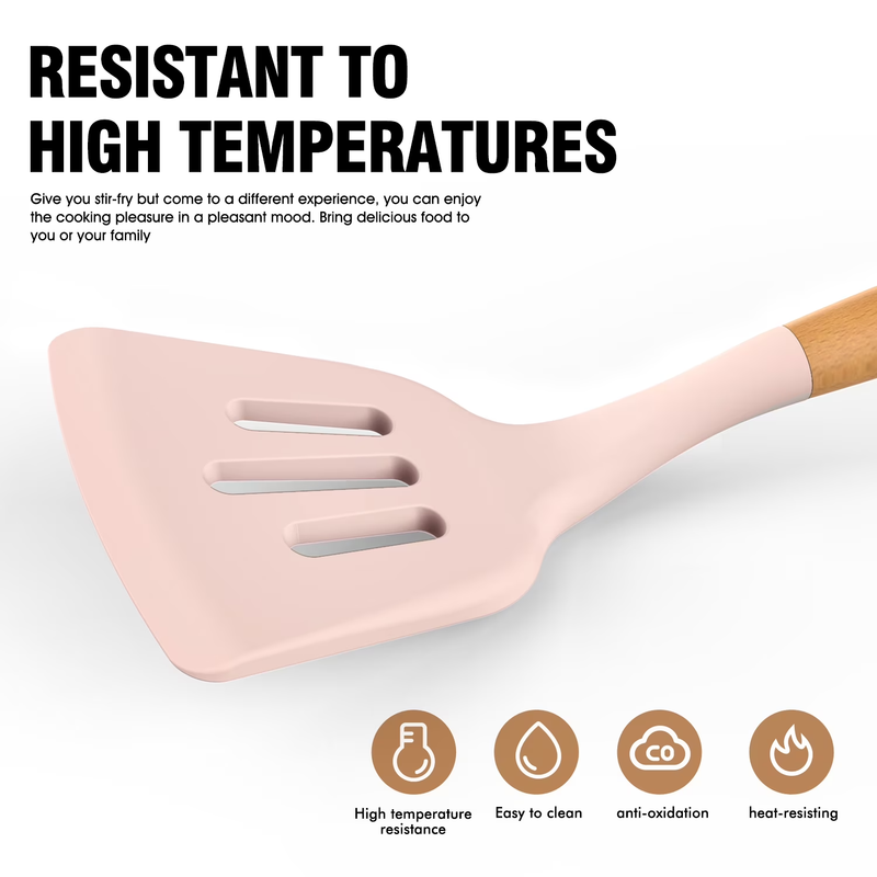 Silicone Kitchen Utensil Set Wooden Handle Holder Heat Resistant Multicolor3