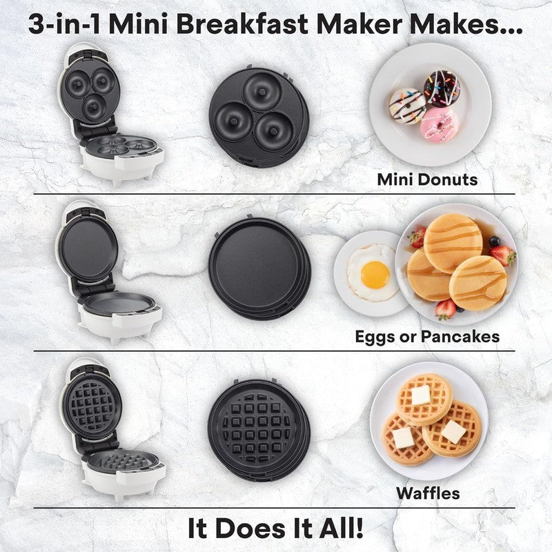 3 In 1 Mini Breakfast Maker  Make Eggs, Pancakes, Donuts, & Waffles and More in 3