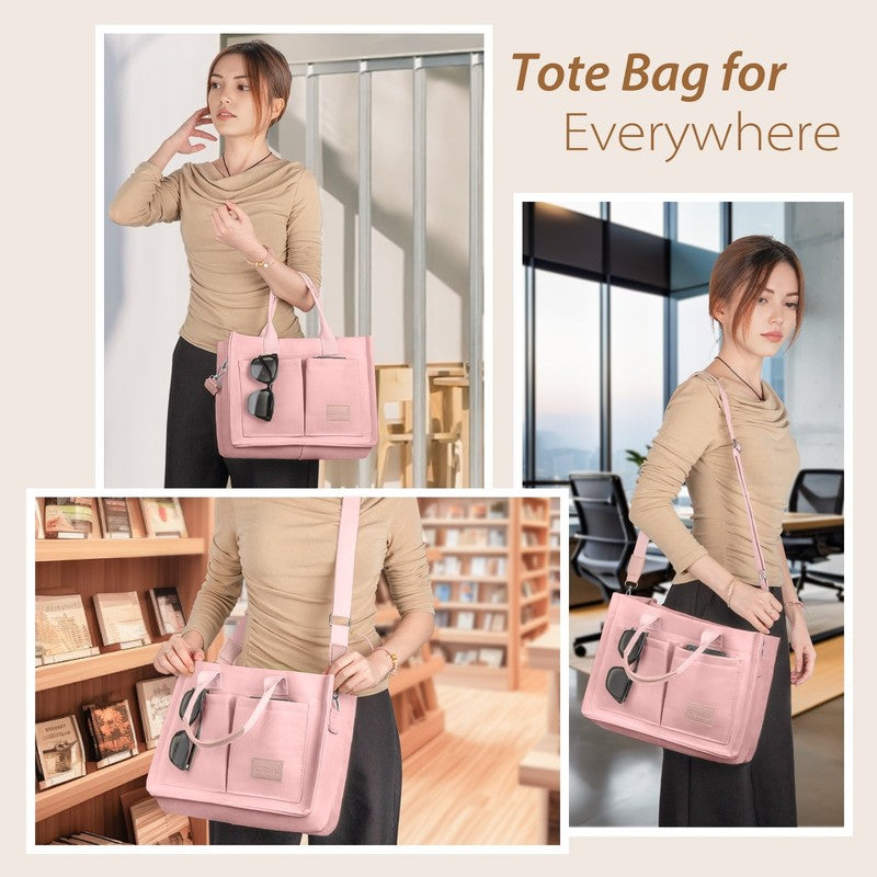 Canvas Tote Bag for Women with Pockets Laptop Work Crossbody Satchel Pink2