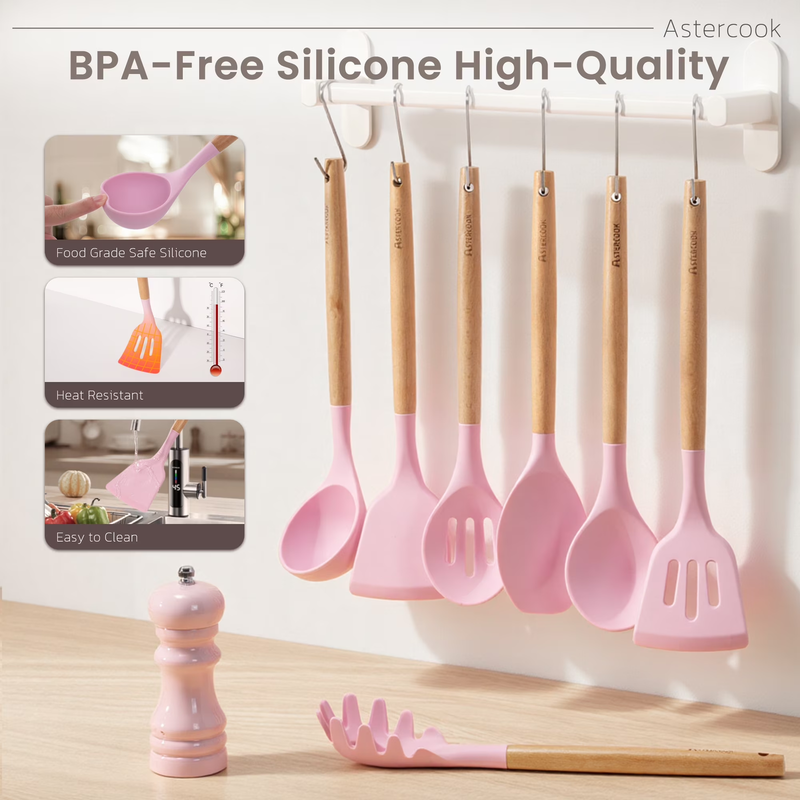 38PCS Silicone Kitchen Utensil Set Wooden Handle Heat Resistant Pink8