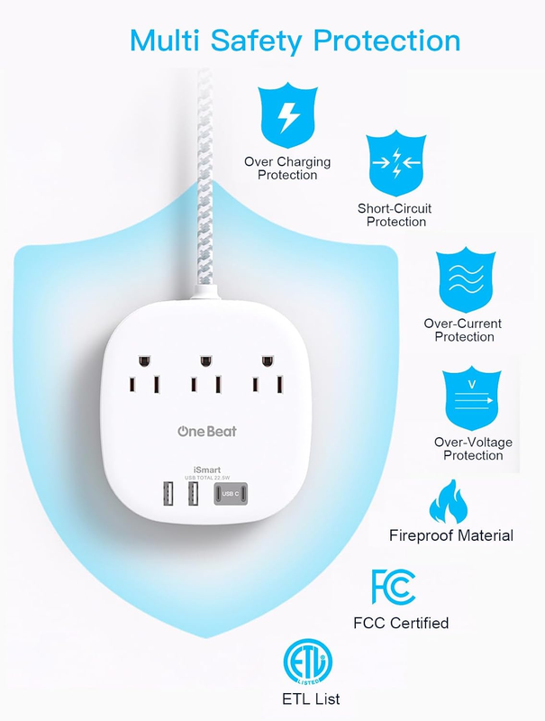 Surge Protector Power Strip 3 Outlets 4 USB 2 USB C 6FT Flat Plug6