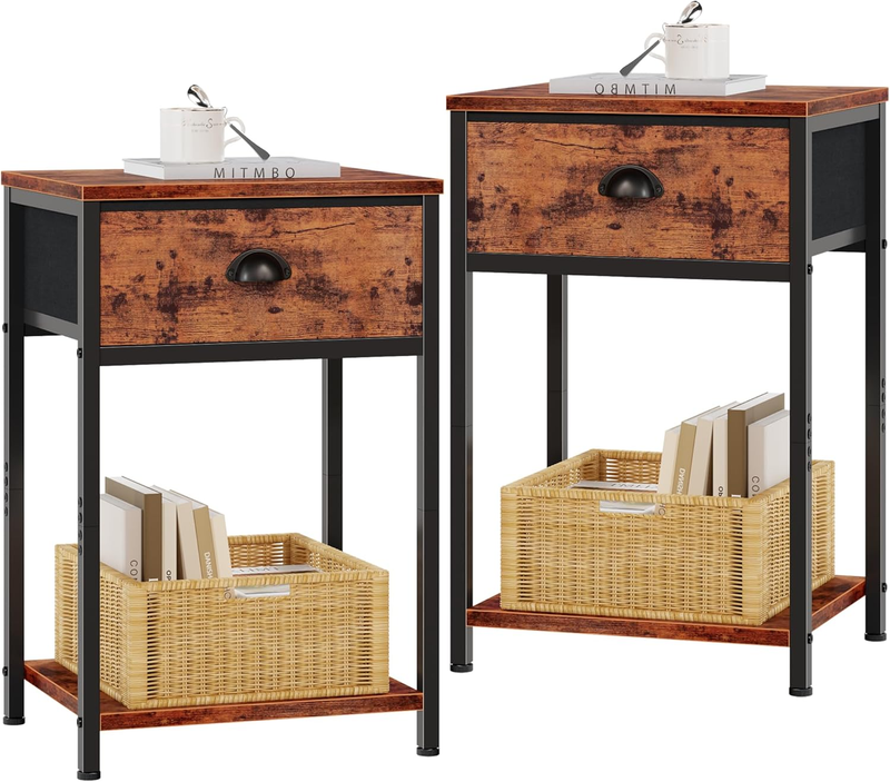 Set of 2 Nightstands w/ Fabric Drawer & Storage Shelf Rustic Brown Bedside Table7