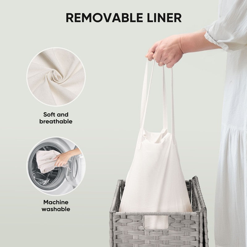 90L Handwoven PP Rattan Laundry Basket Gray w/ Lid, Foldable, Removable Liner5