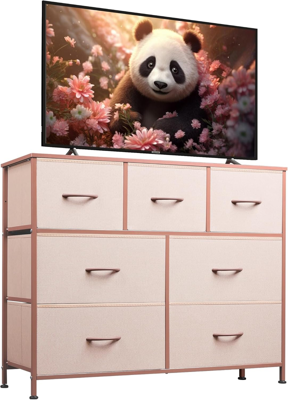 7 Drawer TV Stand Dresser Pink Metal Frame Wood Top Storage Chest10