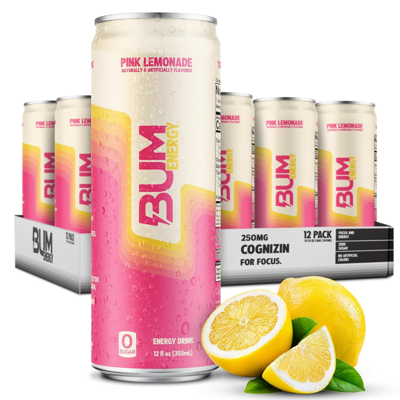 BUM Sugar Free Pink Lemonade Energy Drink   Natural Caffeine & Boost, 12 Pack10