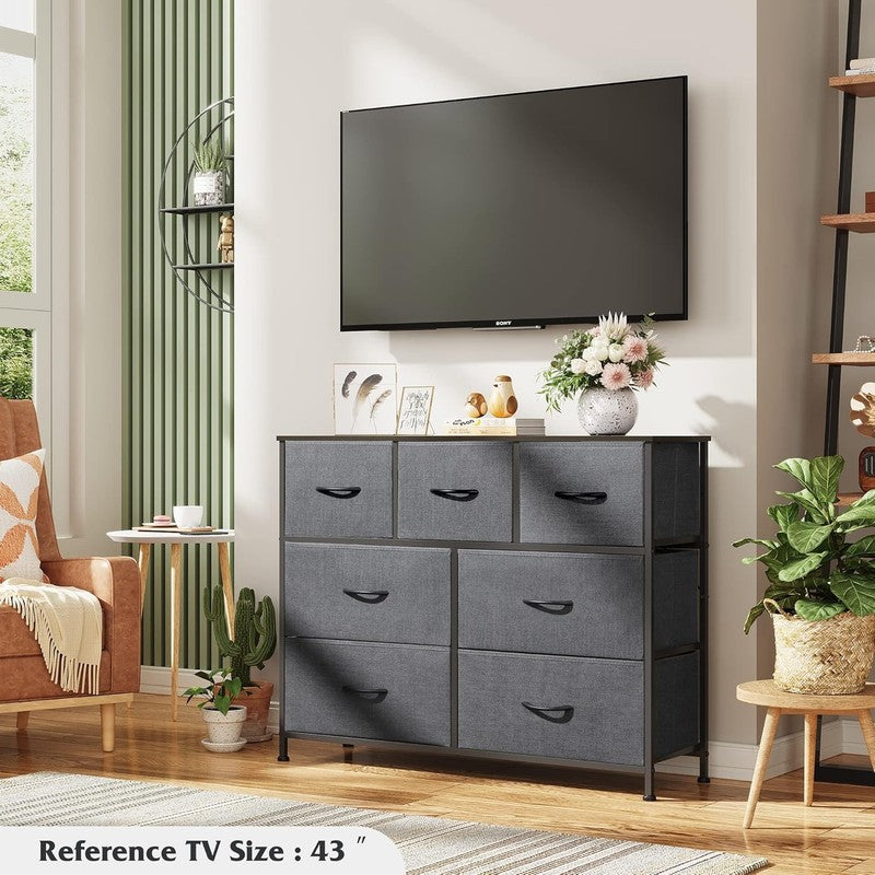 7 Drawer TV Stand Dresser Dark Grey Metal Frame Wood Top Storage Chest3