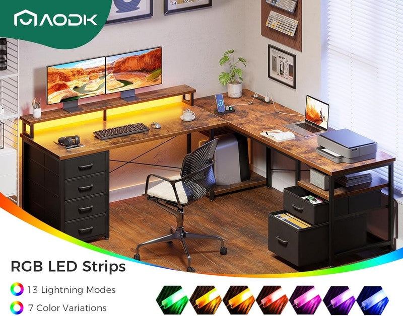 66" L Shaped Computer Desk Reversible Home Office LED Power Vintage5