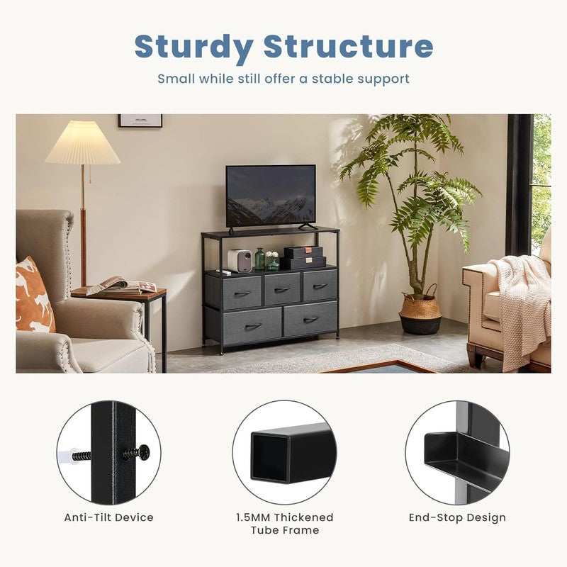 45” TV Stand Dresser 5 Fabric Drawers Media Console Open Shelf Grey6