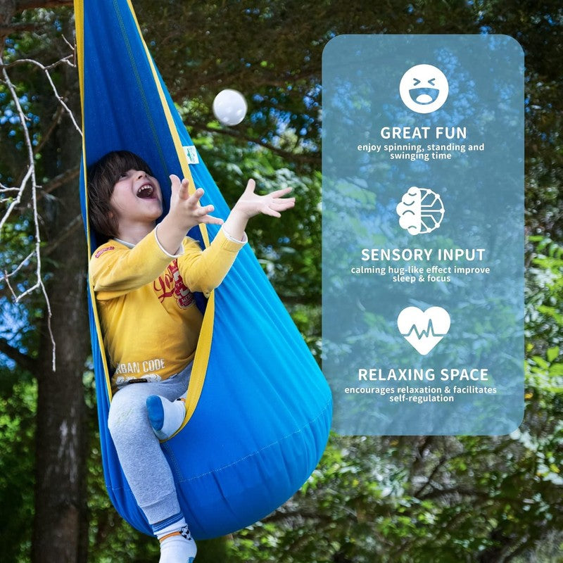 Kids Pod Swing Seat Cotton Hammock Sensory Chair Indoor Outdoor Blue Yellow4