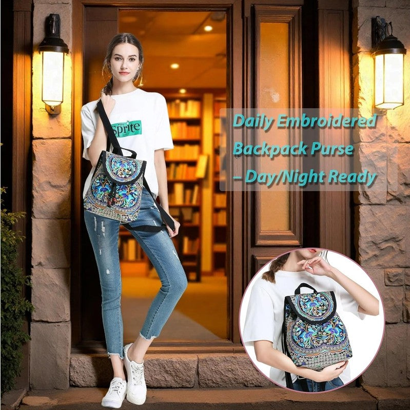 Women Embroidered Backpack Boho Floral Mini Travel Shoulder Bag Lightweight Blue7