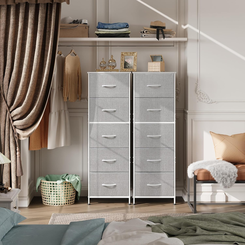 5 Drawer Tall Fabric Dresser Organizer Chest Steel Frame Light Grey3