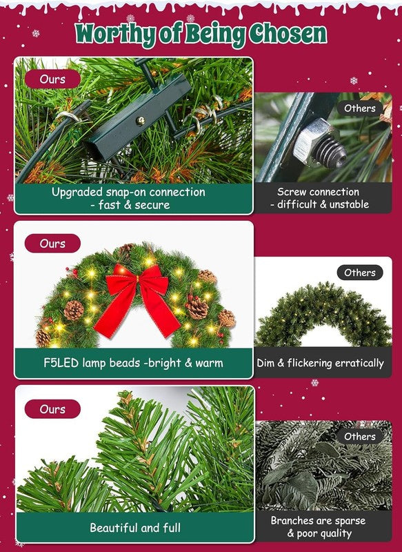 24" Pre-Lit Christmas Wreath Battery LED Pinecones Red Berries Front Door Decor7