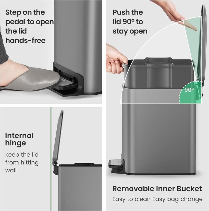 1.6 Gal Gray Bathroom Trash Can w/ Lid, Pedal, Soft Close, Stainless Steel4