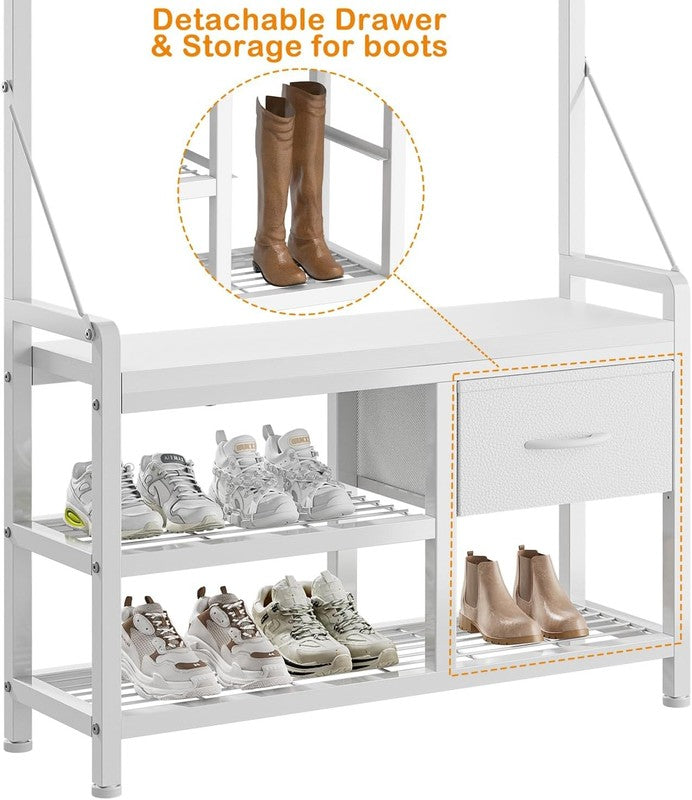 Hall Tree Entryway Bench with Coat Rack & Storage 5-in-1 White 31.5"2