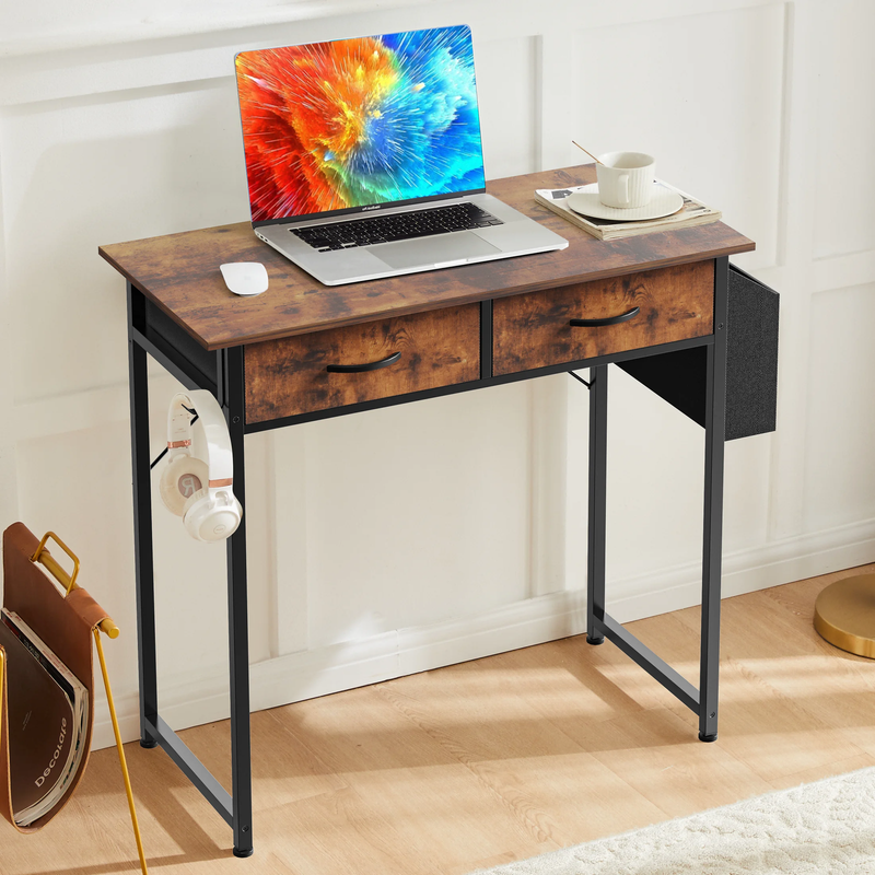 32" Small Desk w/ Fabric Drawers Vanity/Storage Desk for Bedroom Rust Brown9