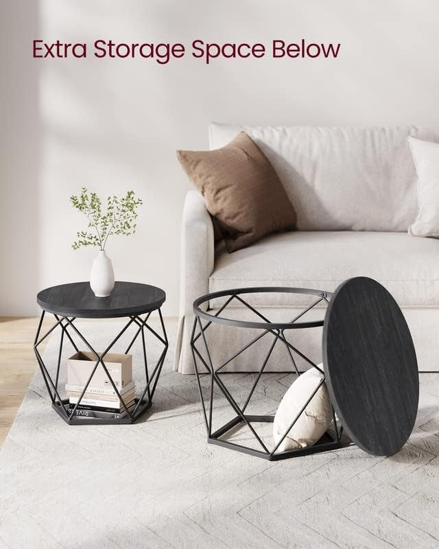Small Round Coffee Table Set of 2 Steel Frame Side End Tables Gray Black6