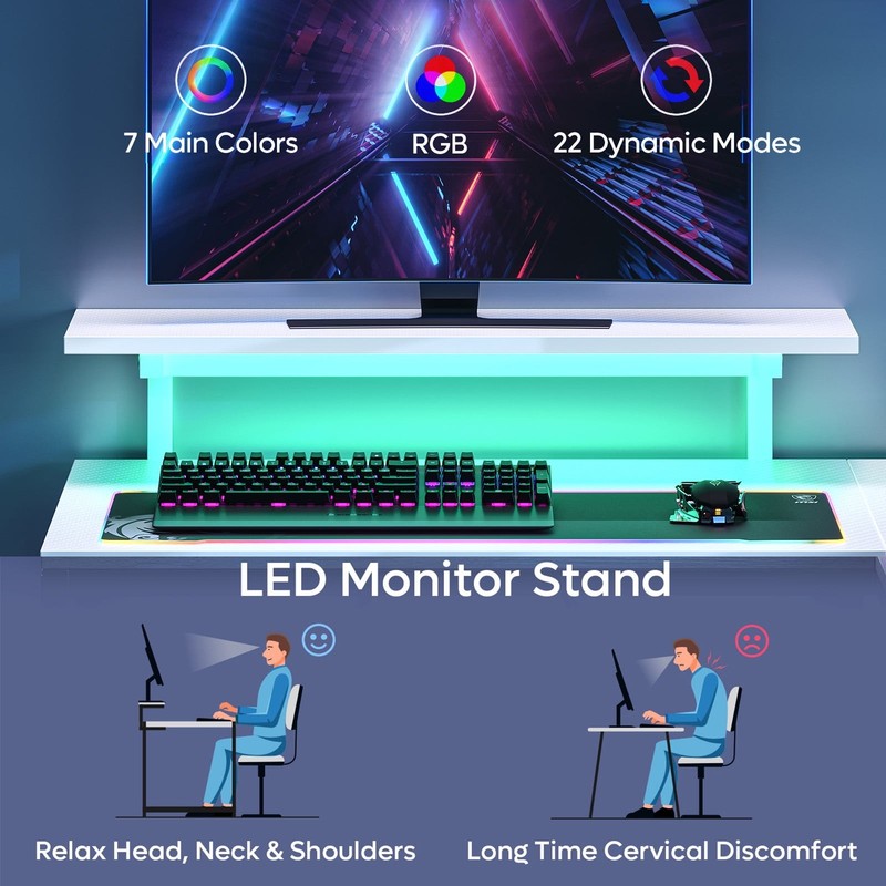 42" Reversible L-Shaped Gaming Desk LED with Monitor Stand & Headset Hooks White2