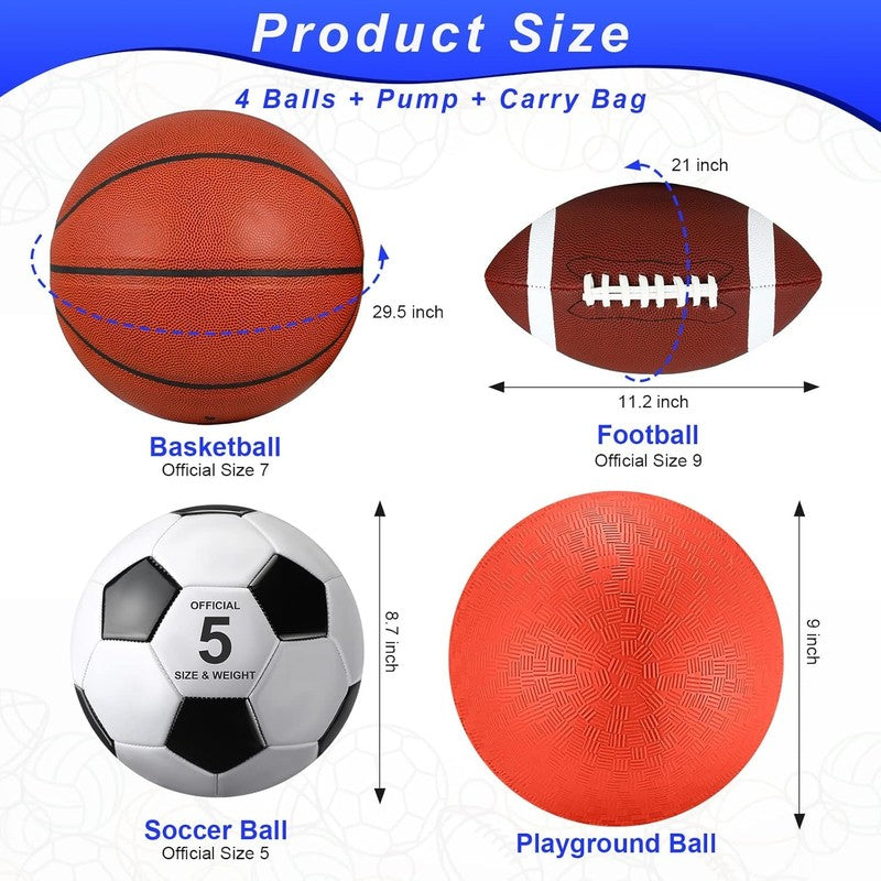 4 Pcs Sports Balls Set for Teen Adult, Include Official Size Basketball Soccer F1