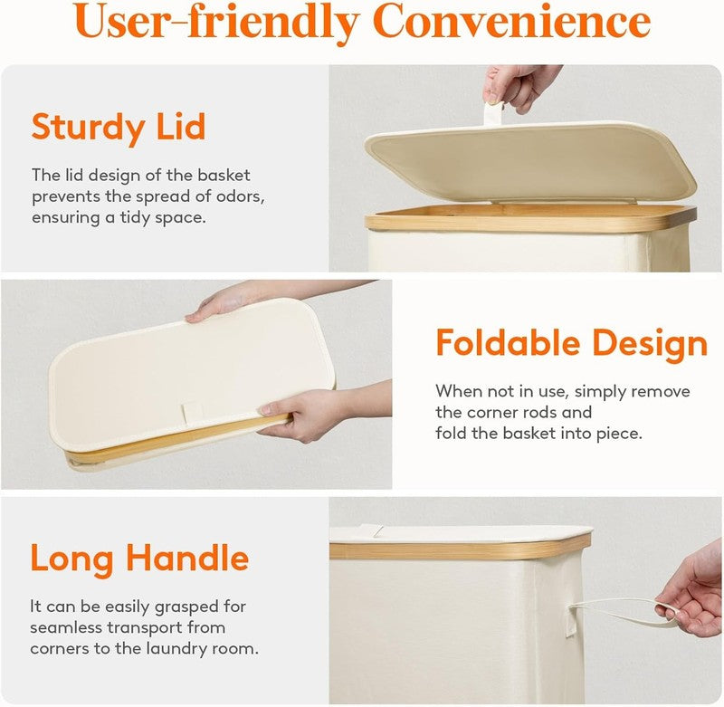 Slim 65L Laundry Hamper with Bamboo Handles, Foldable Basket with Lid, White4