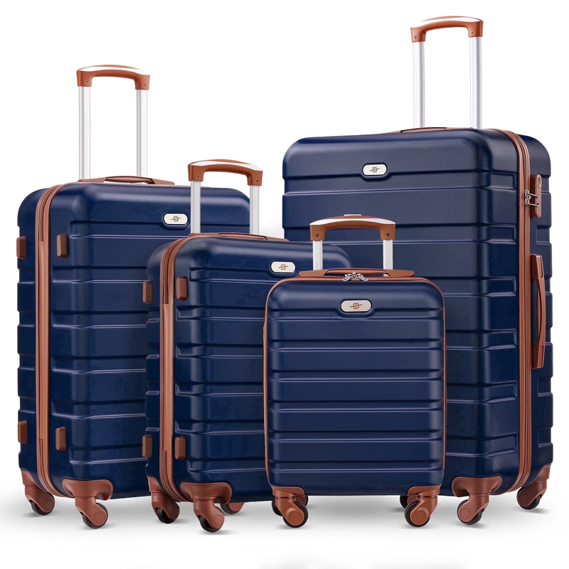 4 Piece Luggage Set Hardside Spinner Suitcase 16 20 24 28 Inch Navy Blue Tan10