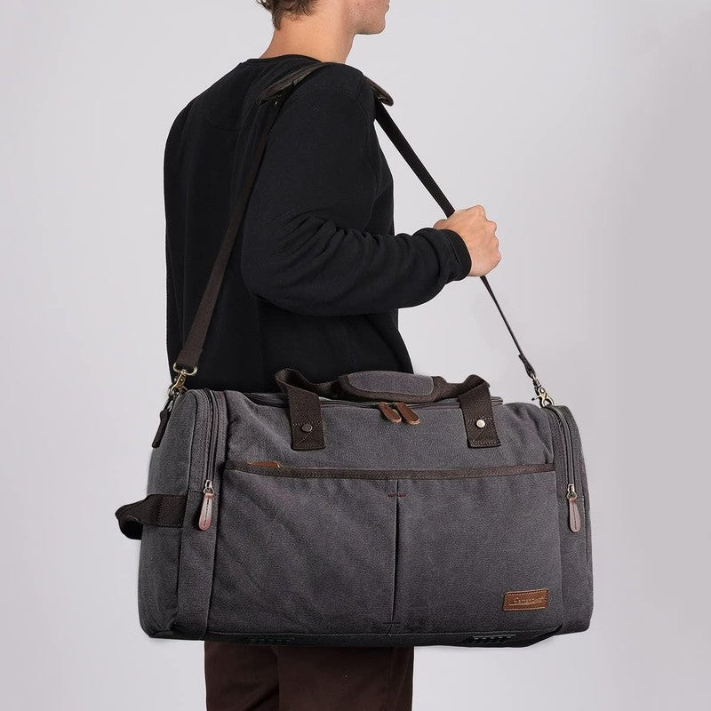 65L Expandable Canvas Duffle Bag Grey Travel Gym Weekender w/ Shoes Compartment5