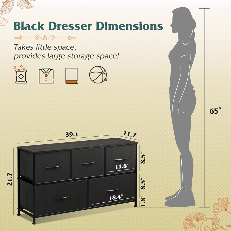 5 Drawer Fabric Dresser Chest Storage Organizer Bedroom Closet Charcoal Black2