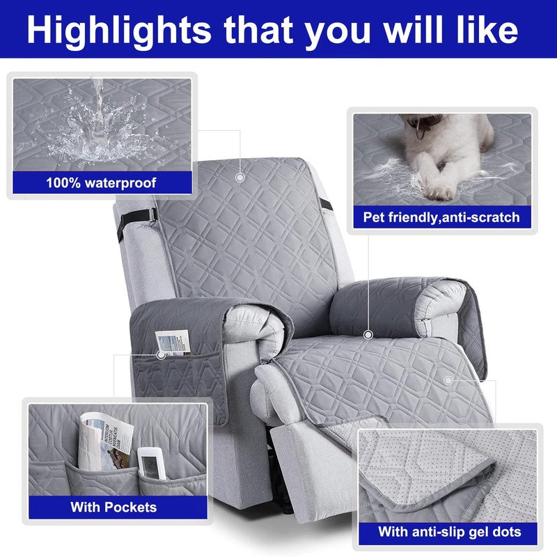 Waterproof Recliner Chair Cover Gray 28" 5-Layer Anti-Slip with Side Pockets1