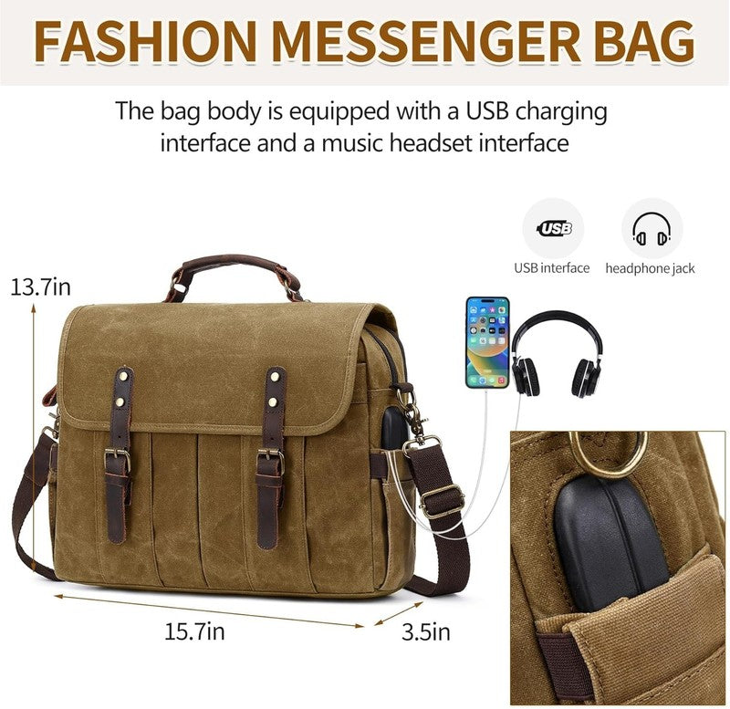 Men's 15.6" Vintage Canvas Leather Laptop Messenger Bag Khaki Satchel3