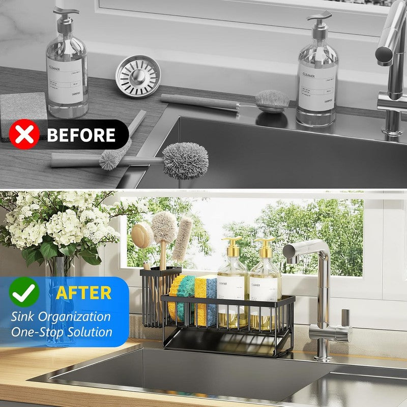 Kitchen Sink Caddy – Sponge & Brush Holder with Stainless Steel Self Drain Tray,5