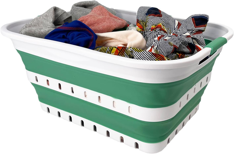 42L Collapsible Plastic Laundry Basket White/Winter Green Foldable Hamper9