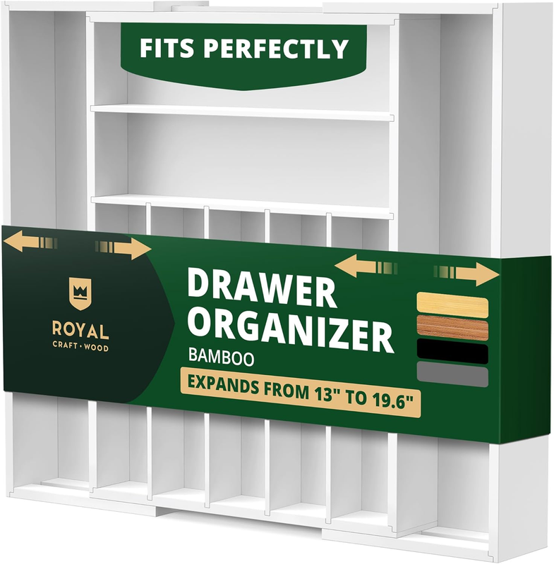 Bamboo Kitchen Drawer Organizer 9 Slot Silverware Utensil Tray White10