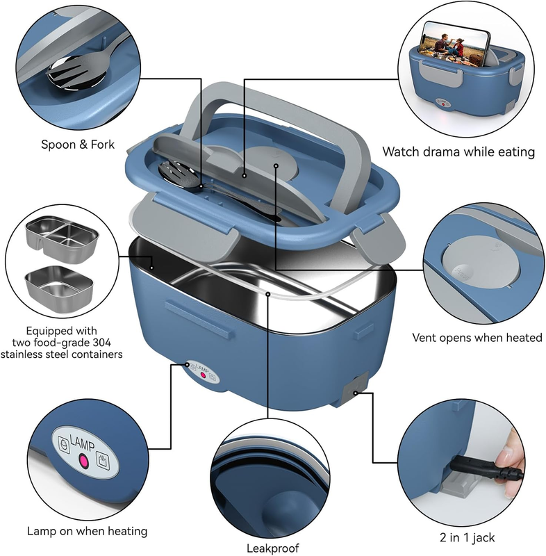Electric Lunch Box Fast Heating Portable Food Warmer 2x53oz Stainless Steel6